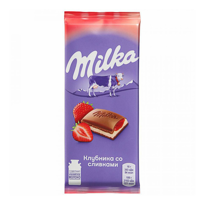 Плитка Milka молочный шоколад клубника-сливки 85 г